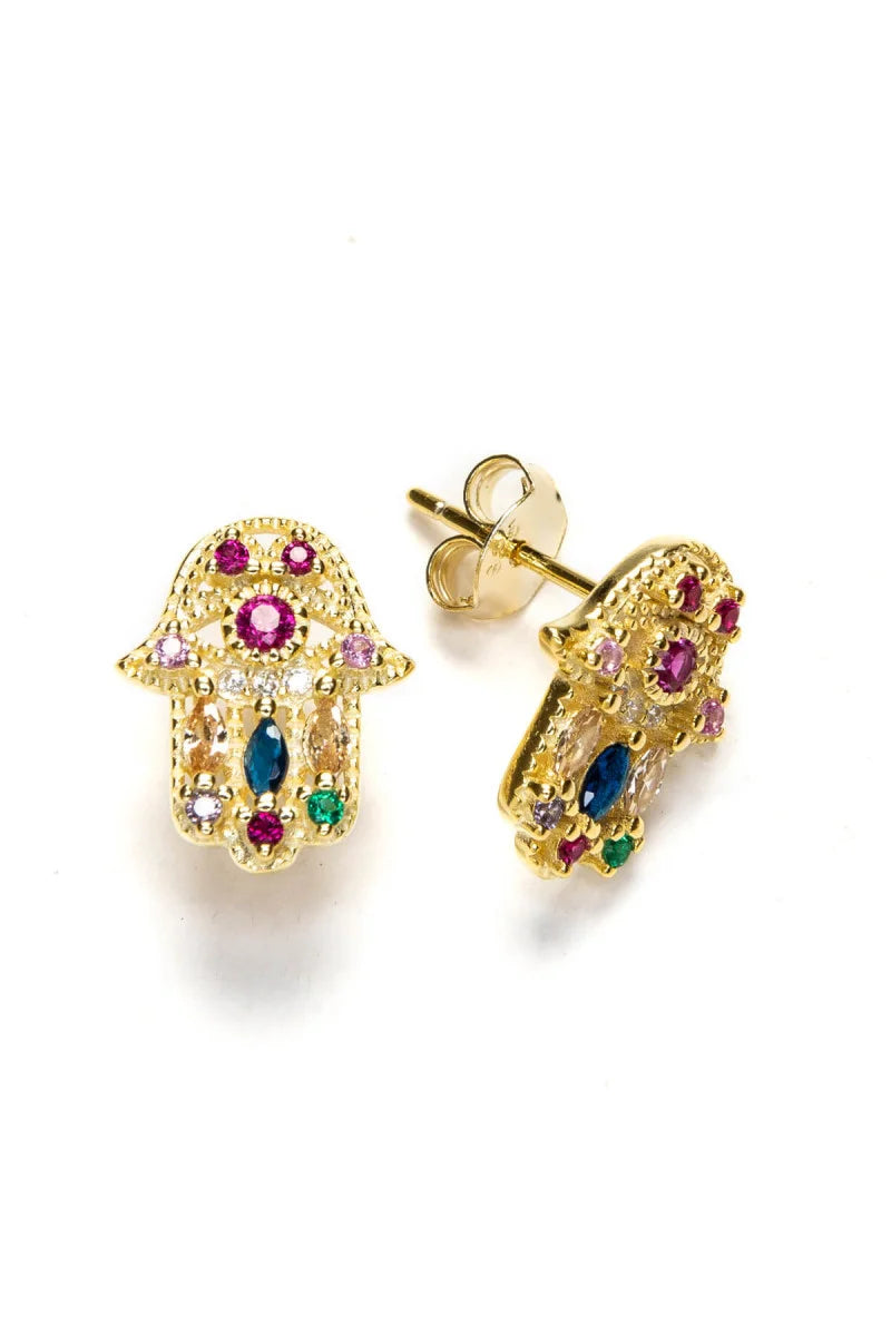 Pendientes Mano de Fátima en Plata de Ley Bañada en Oro con Circonitas de Colores