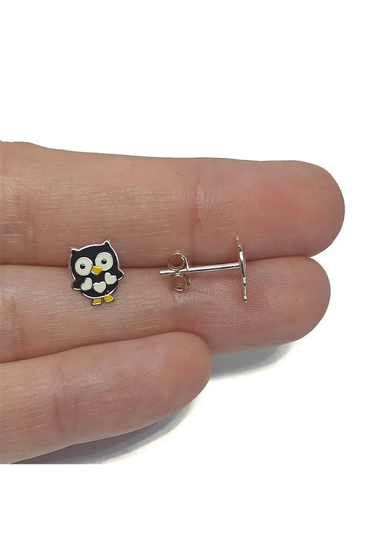 Pendientes Búho Esmaltado en Negro Plata 925