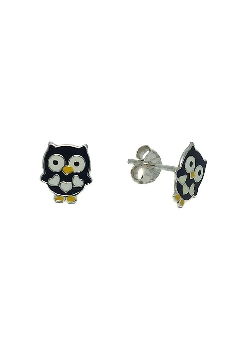 Pendientes Búho Esmaltado en Negro Plata 925