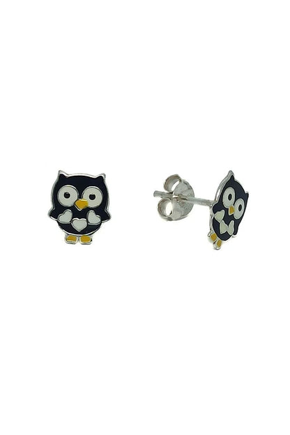 Pendientes Búho Esmaltado en Negro Plata 925