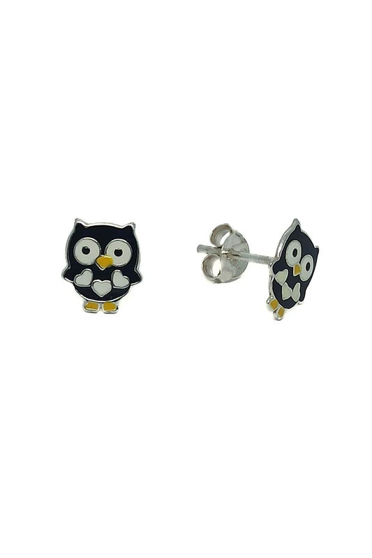 Pendientes Búho Esmaltado en Negro Plata 925