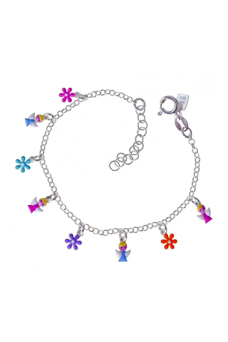Pulsera Infantil Angelitos y Flores de Plata 925