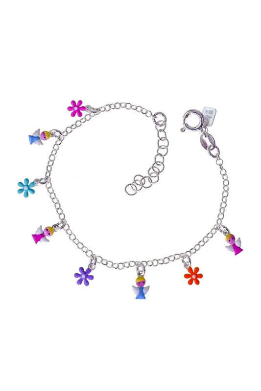 Pulsera Infantil Angelitos y Flores de Plata 925