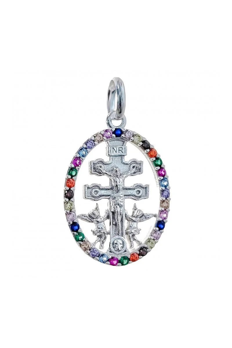 Cruz de Caravaca Plata de Ley 925 con Circonitas de Colores