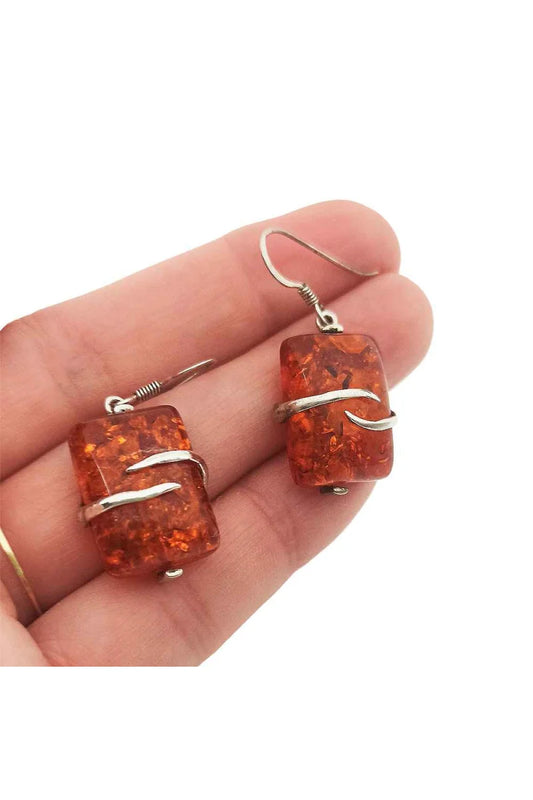 Pendientes Largos Ámbar Sintético Plata de Ley