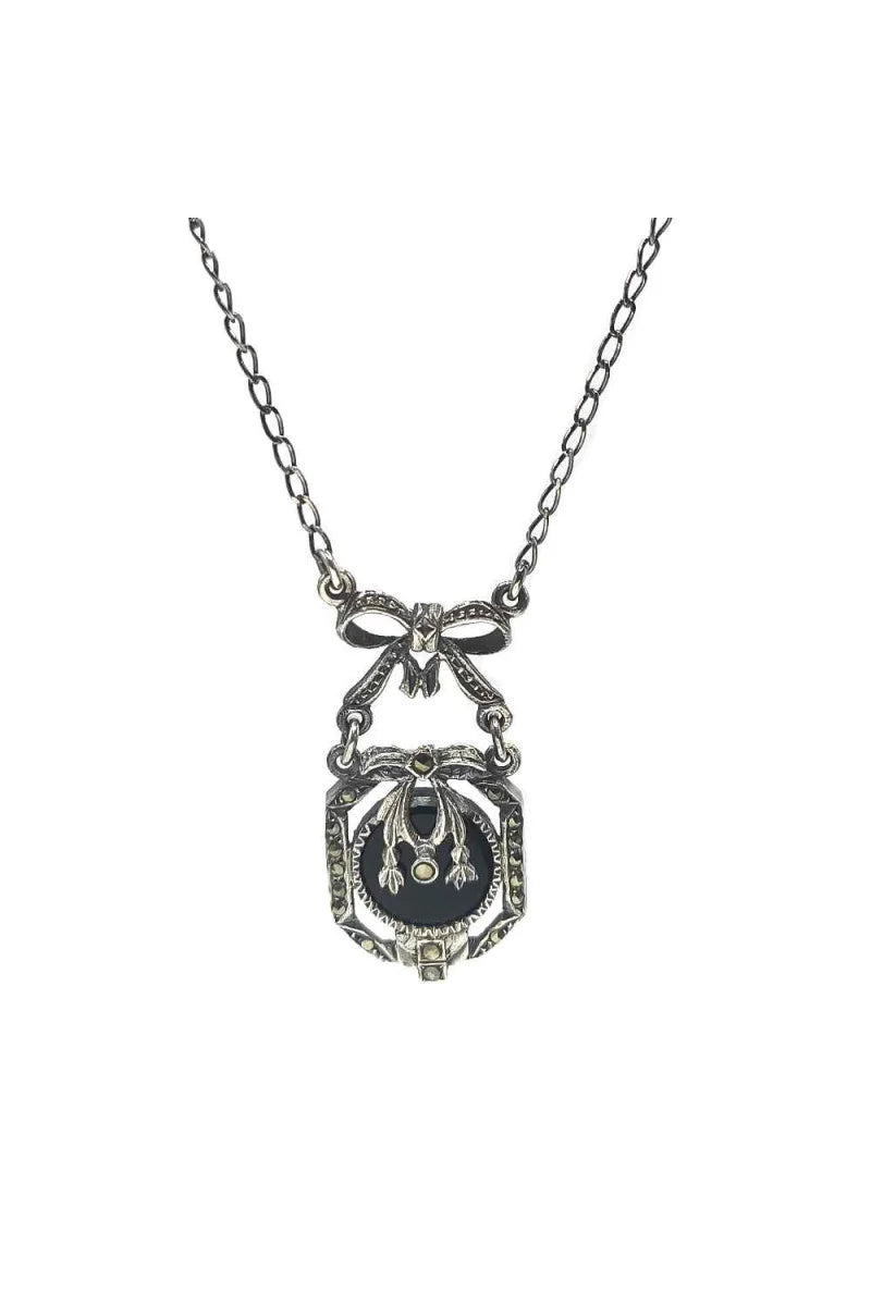Collar 50 cm Vintage Plata de Ley 925 con Marquesitas y Piedra Negra