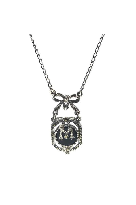 Collar 50 cm Vintage Plata de Ley 925 con Marquesitas y Piedra Negra