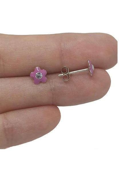 Pendientes Flor Esmaltados Malva con Circonita Plata de Ley 925 – SomosPlata