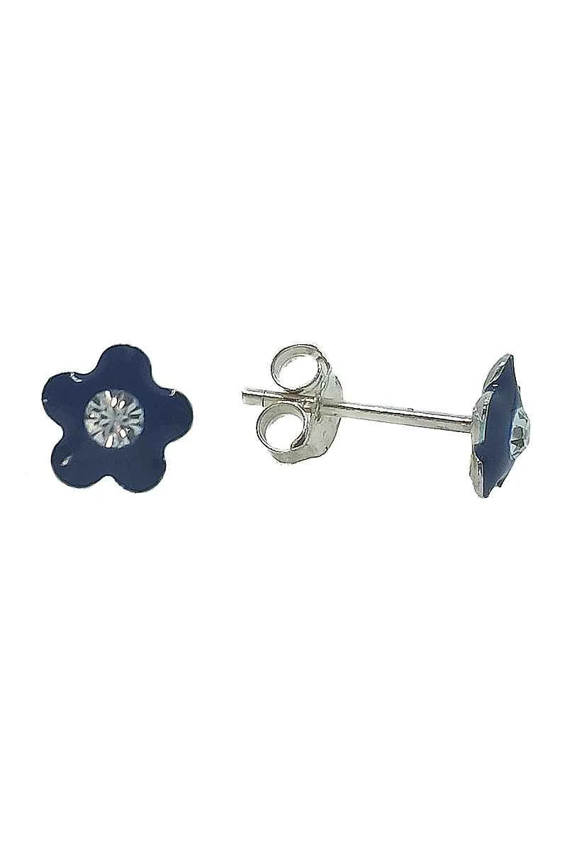 Pendientes Flor Esmaltados Azul Marino con Circonita Plata de Ley 925 – SomosPlata