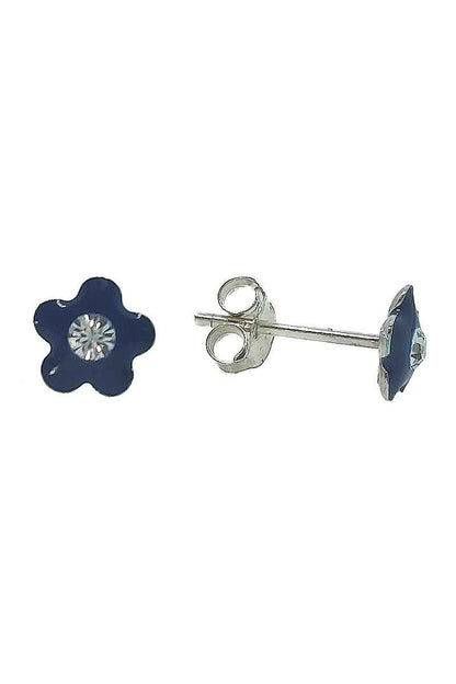 Pendientes Flor Esmaltados Azul Marino con Circonita Plata de Ley 925 – SomosPlata