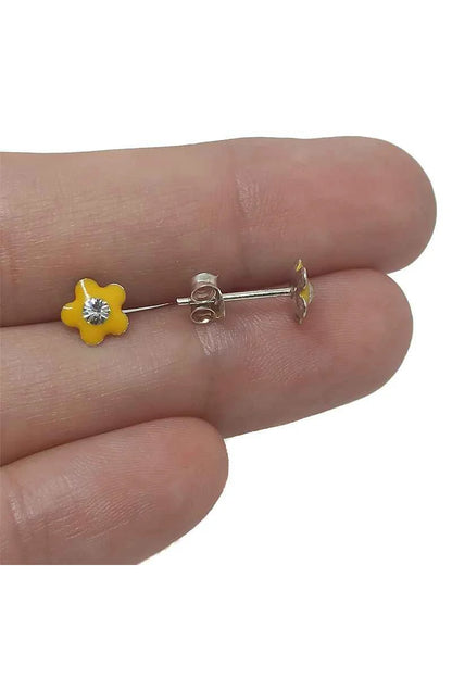 Pendientes Flor Esmaltados en Amarillo con Circonita Blanca Plata de Ley 925