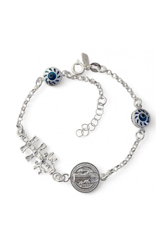 Pulsera "Trinidad Protectora" Ojo Turco, San Benito y Cruz de Caravaca en Plata 925