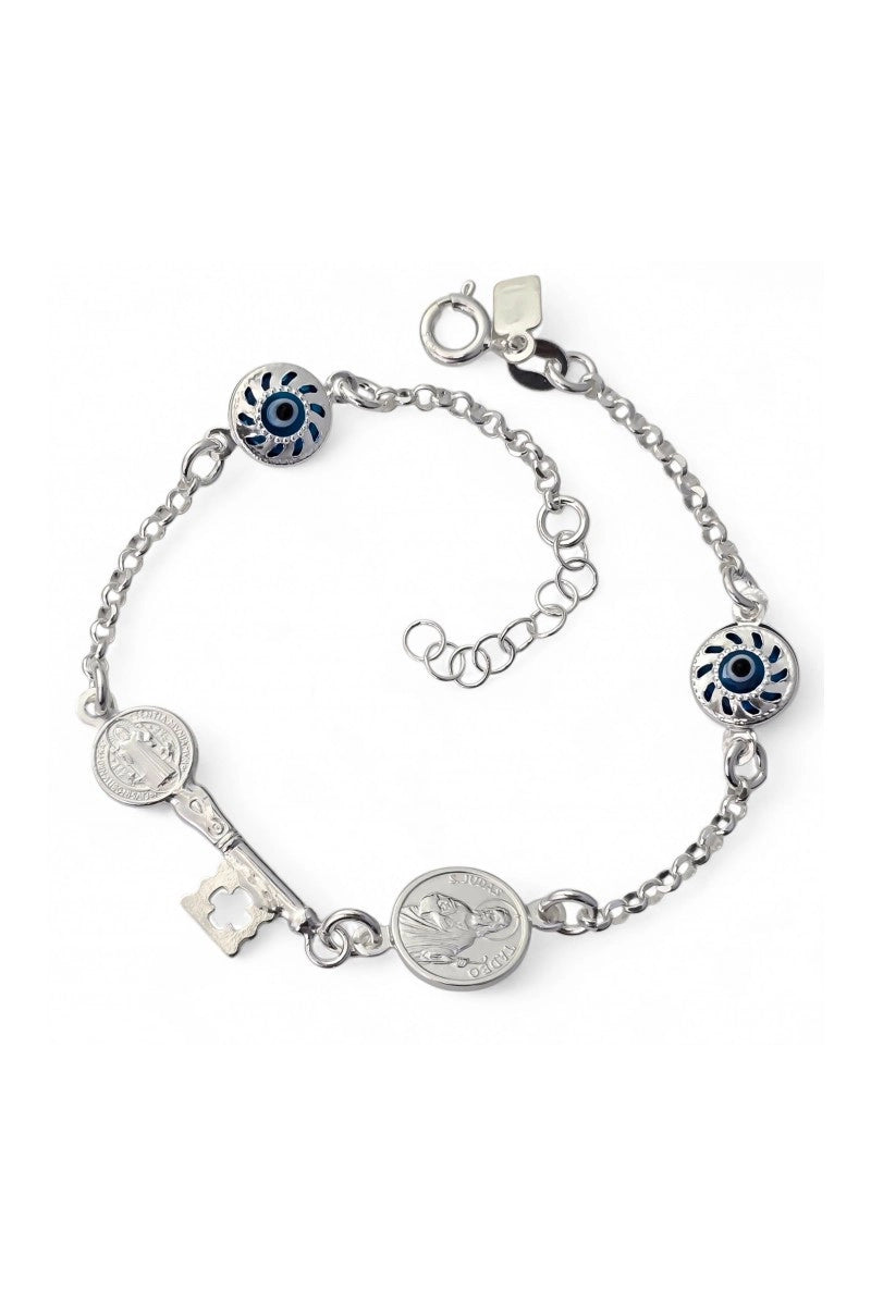 Pulsera "Abrecaminos & Milagros" Ojo Turco, Llave San Benito y San Judas Tadeo en Plata 925