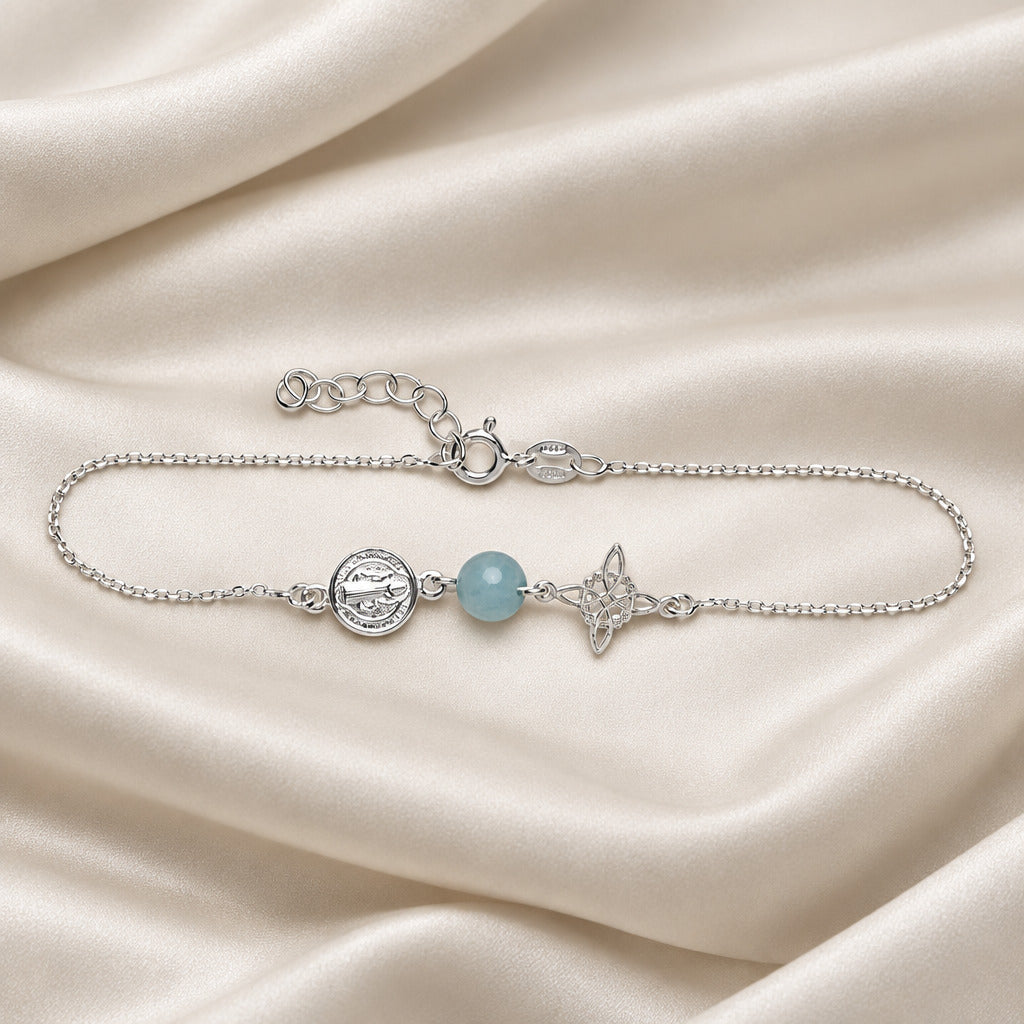 Pulsera Nudo de Brujas y San Benito en Plata de Ley con Aguamarina
