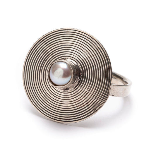 Anillo Ajustable en Plata de Ley y Perla - Círculos de Energía y Armonía Mágica