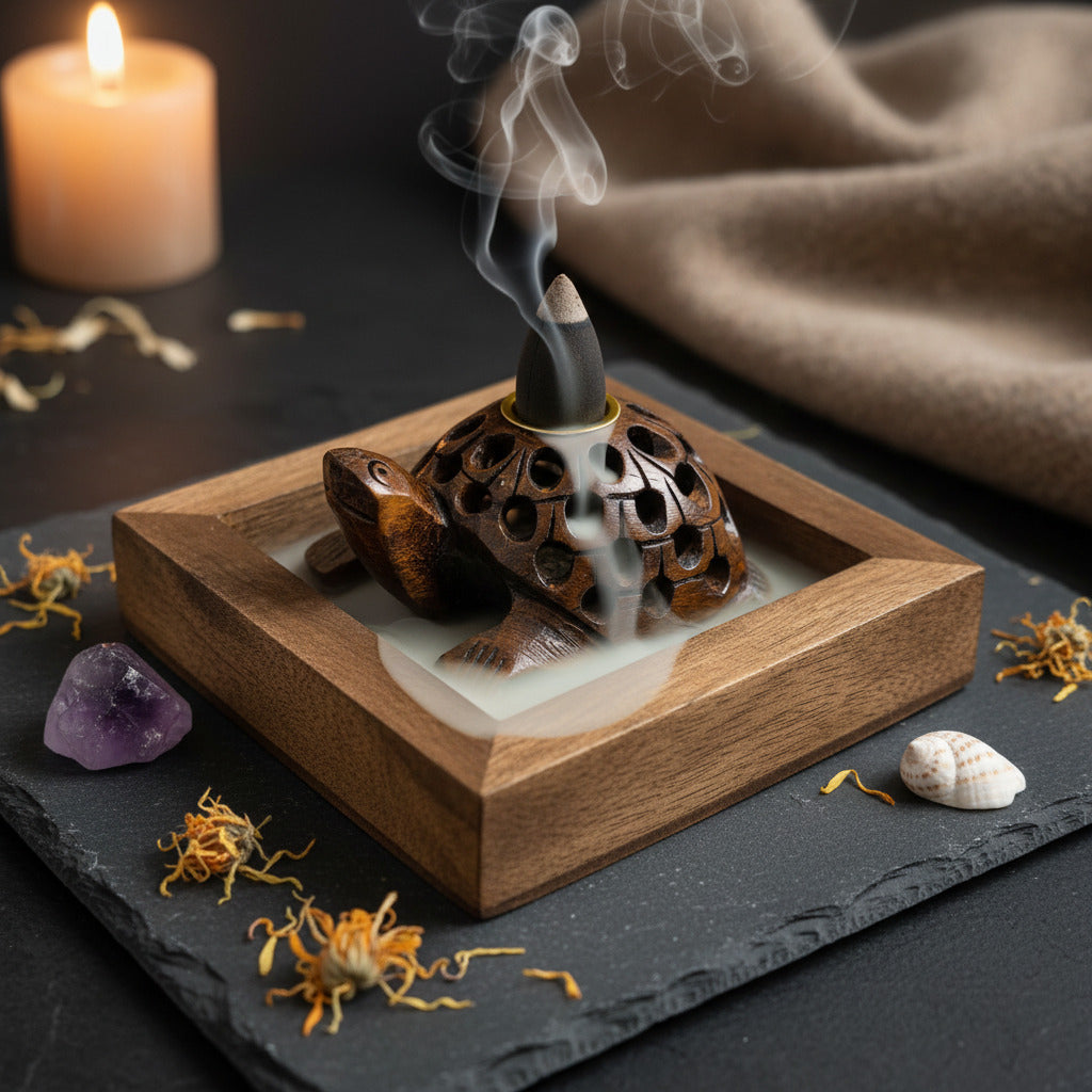 Cascada de Humo Sagrado "Tortuga de la Sabiduría" – Soporte de Madera para Conos de Reflujo (7.5 cm)