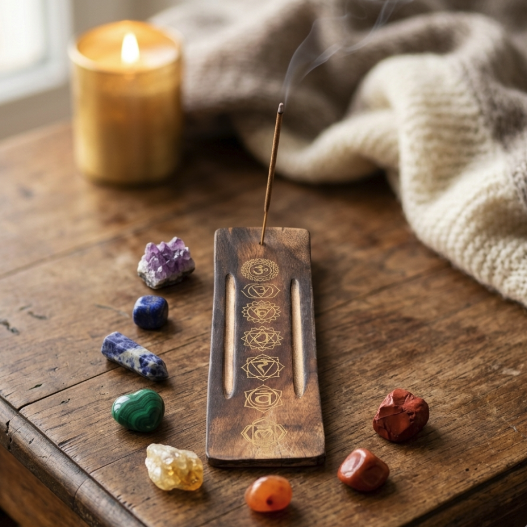 Porta Incienso "Alineación de Chakras" – Soporte de Madera Noble Tallada (26x7 cm)