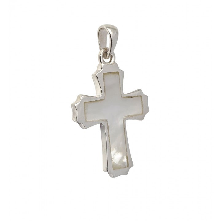 Colgante "Serenidad Divina": Cruz de Nácar y Plata Protectora