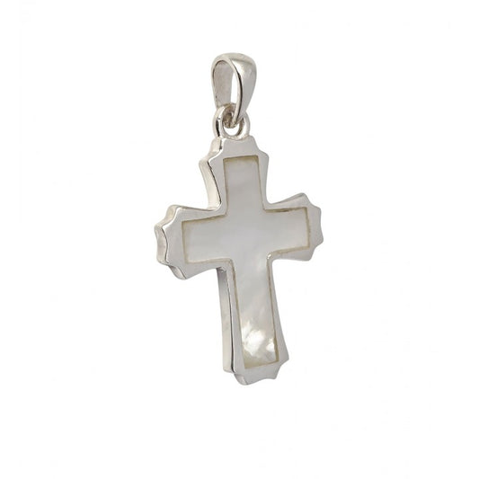 Colgante "Serenidad Divina": Cruz de Nácar y Plata Protectora