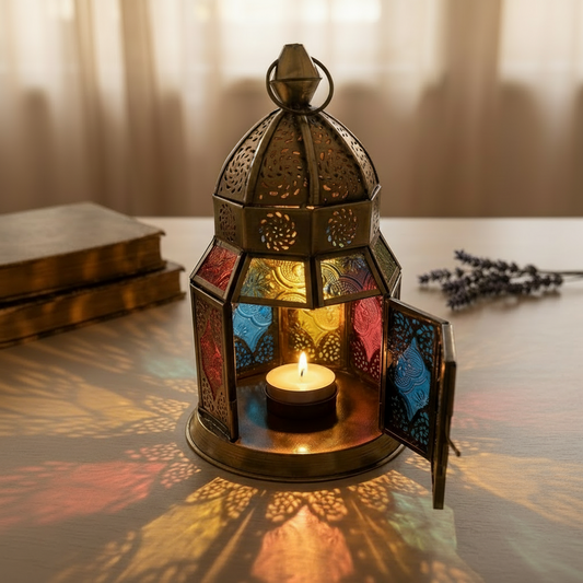 Farol Ritual "Cúpula de Oriente" – Linterna de Hierro y Cristal Multicolor (20 cm)