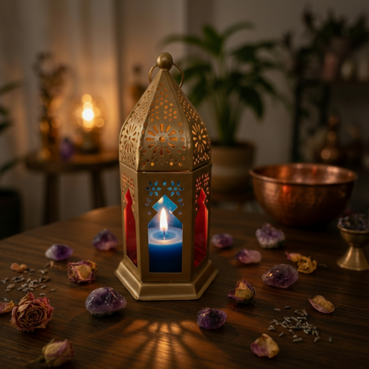 Farol Ritual "Estrella de Oriente" – Mini Linterna de Hierro y Cristal Multicolor (15 cm)