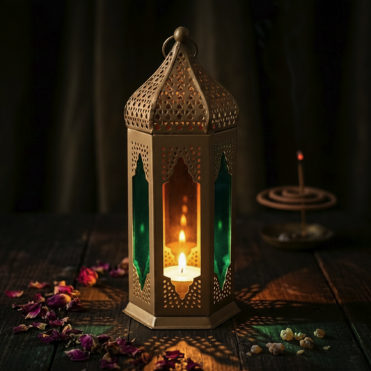 Farol Ritual "Torre de Luz" – Linterna Esbelta de Hierro y Cristal Multicolor (23 cm)