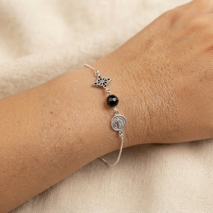 Pulsera San Benito, Nudo de Bruja y Ónix en Plata de Ley 925 - Amuleto de Protección