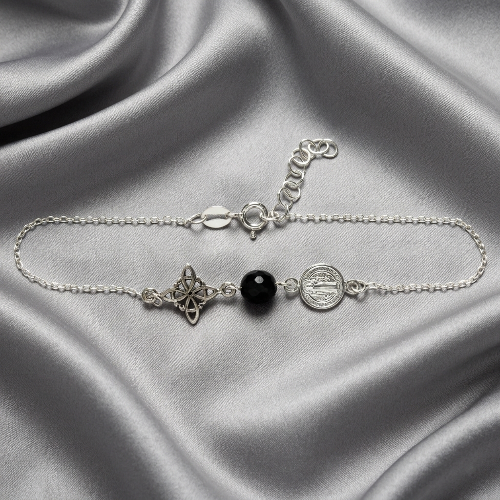 Pulsera San Benito, Nudo de Bruja y Ónix en Plata de Ley 925 - Amuleto de Protección