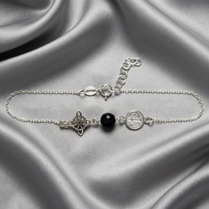 Pulsera San Benito, Nudo de Bruja y Ónix en Plata de Ley 925 - Amuleto de Protección