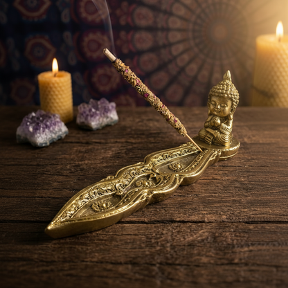 Soporte de Incienso Buda Dorado Alargado – Pieza de Resina Estilo Ornamental (20 cm)
