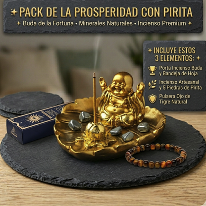 Pack Prosperidad y Fortuna: Buda Dorado + Pulsera Ojo de Tigre + Kit Pirita