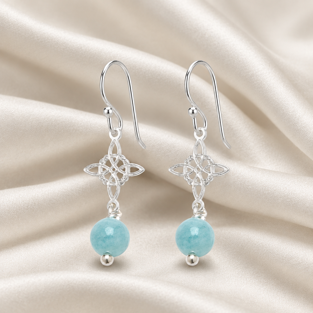 Pendientes de Plata de Ley 925, Nudo de Brujas y Aguamarina, Joya de Protección y Serenidad