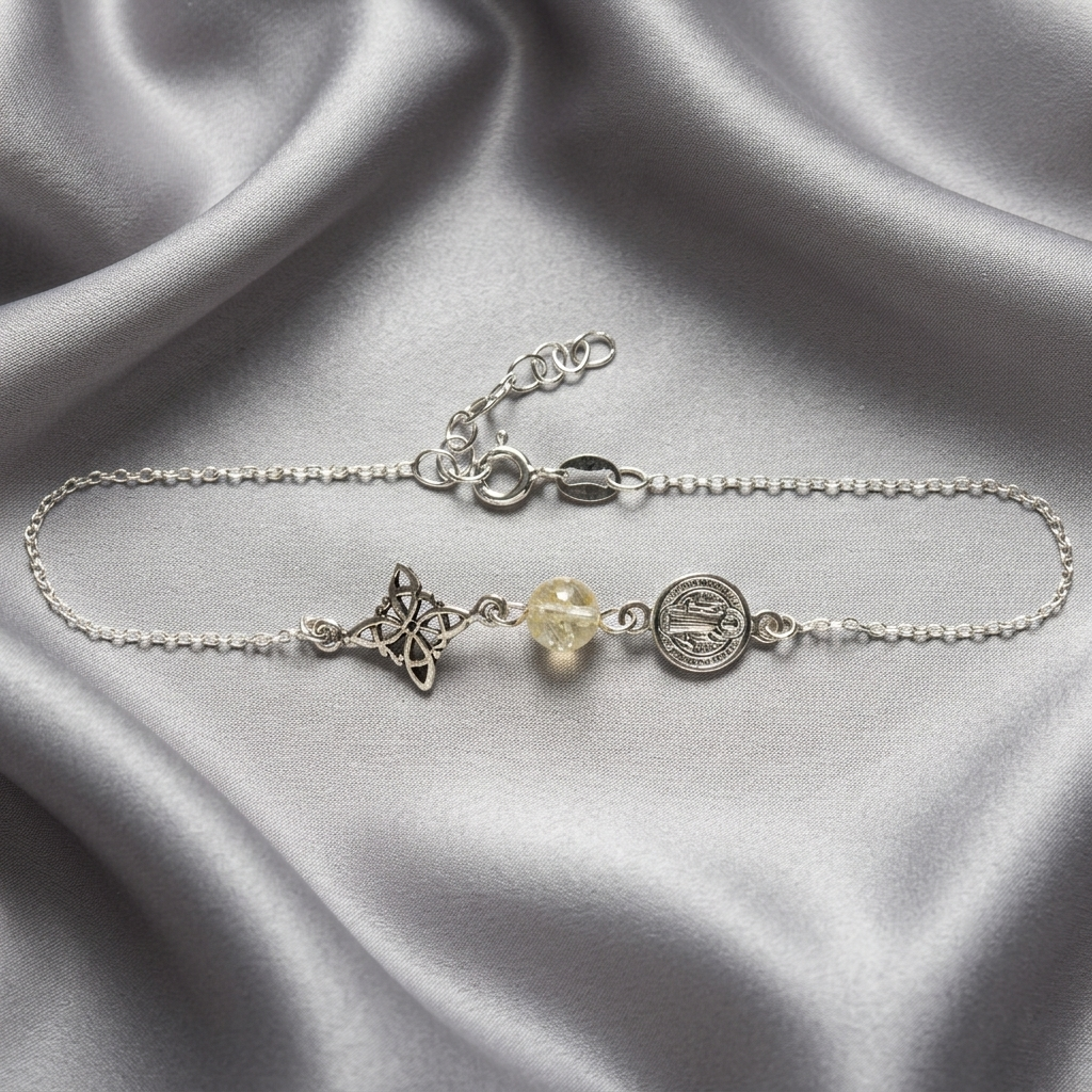 Pulsera de Plata de Ley 925 con San Benito, Nudo de Brujas y Citrino