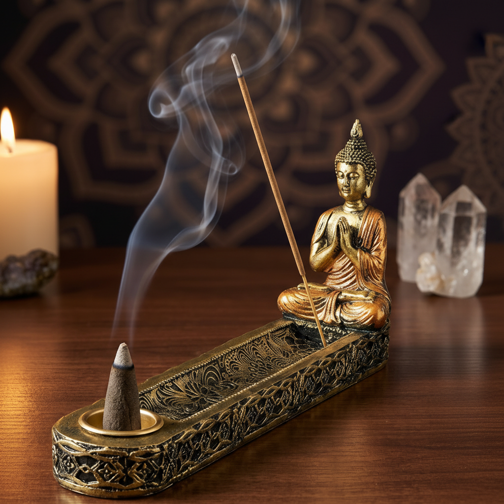 Soporte de Incienso y Conos Buda Dorado Altar Zen – Base de Resina Ornamental (20x7.8 cm)