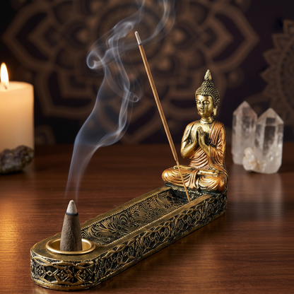 Soporte de Incienso y Conos Buda Dorado Altar Zen – Base de Resina Ornamental (20x7.8 cm)