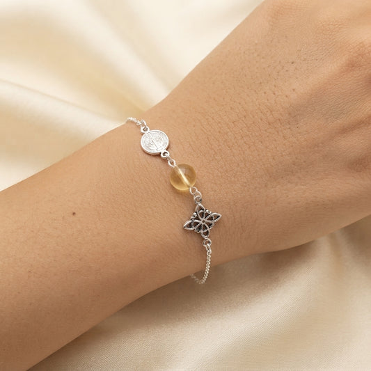 Pulsera de Plata de Ley 925 con San Benito, Nudo de Brujas y Citrino
