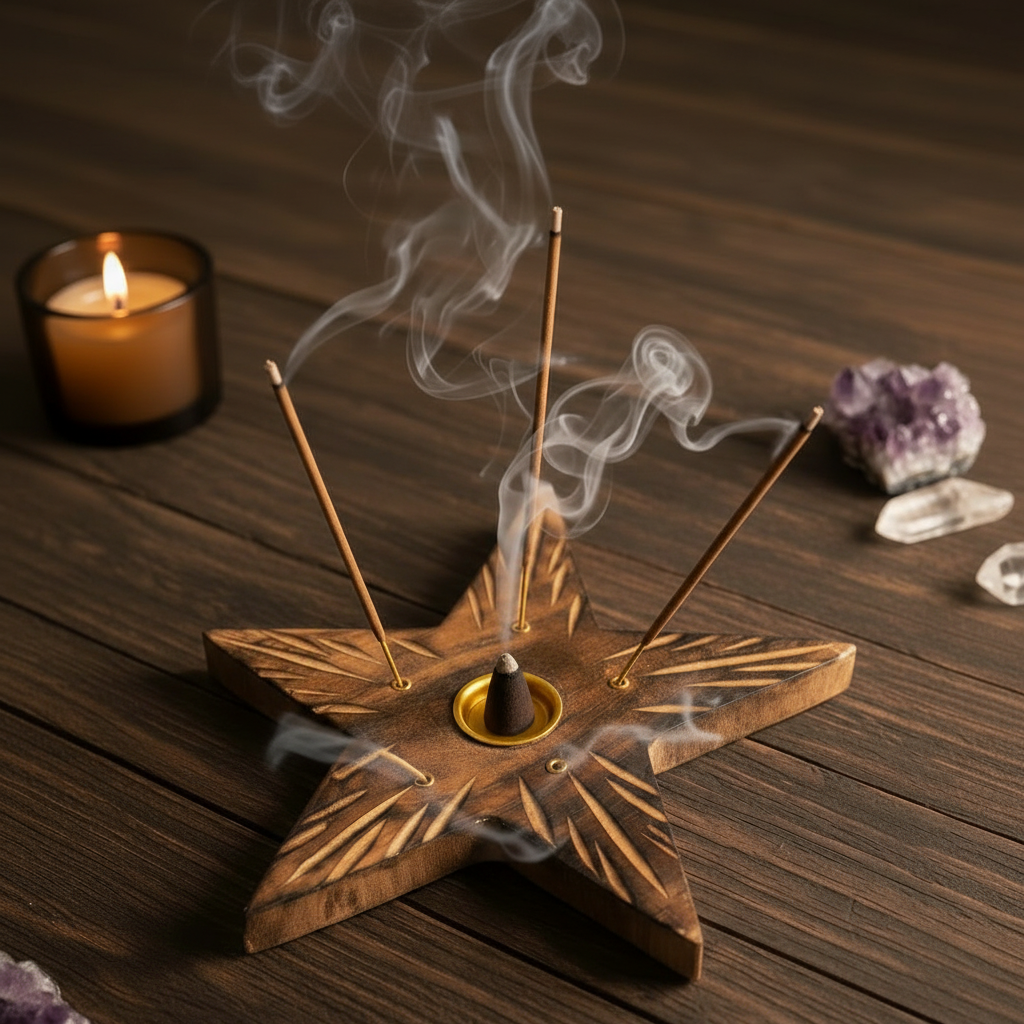 Portaincienso Estrella Solar de Madera Tallada – Soporte para Varitas y Conos (13 cm)