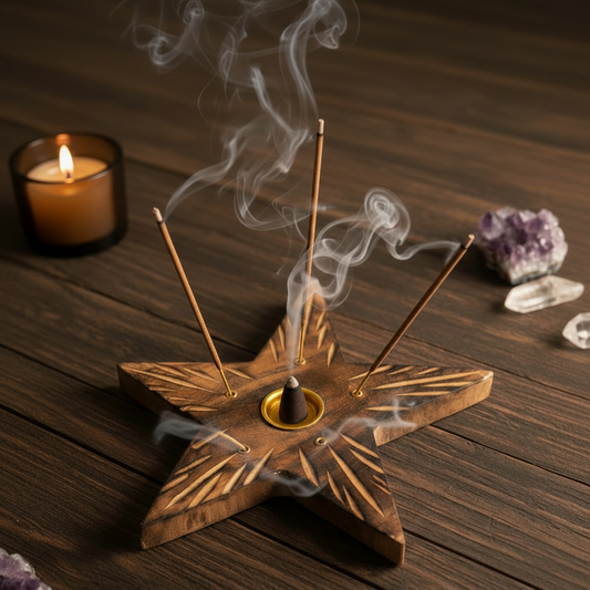 Portaincienso Estrella Solar de Madera Tallada – Soporte para Varitas y Conos (13 cm)
