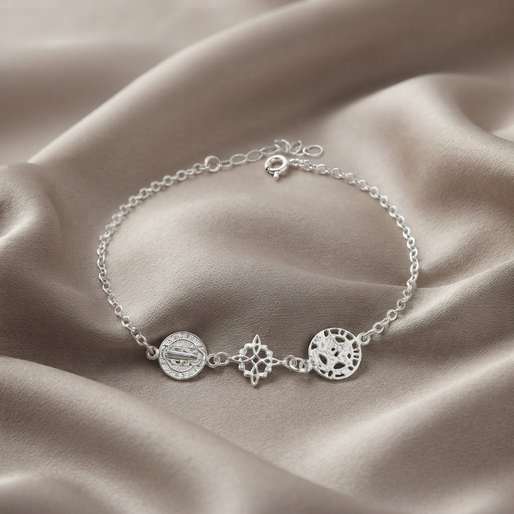 Pulsera de Plata de Ley 925 con San Benito, Nudo de Brujas y Tetragramatón
