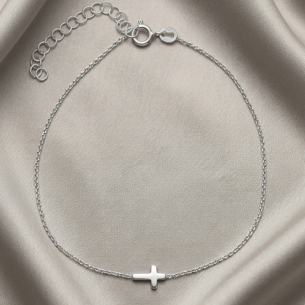 Tobillera Delicada de Plata de Ley 925 con Cruz Plana - Cadena Forzada (21 + 5 cm)