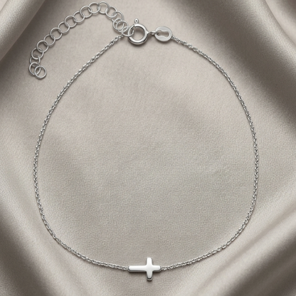 Tobillera Delicada de Plata de Ley 925 con Cruz Plana - Cadena Forzada (21 + 5 cm)