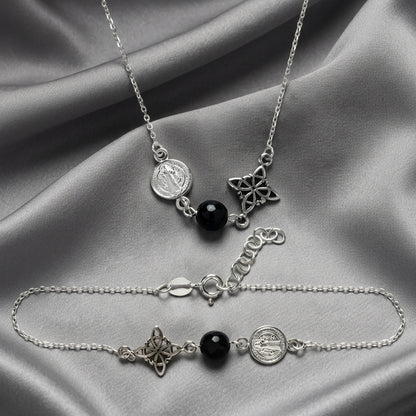 Collar de Plata de Ley 925 con San Benito, Nudo de Brujas y Ónix