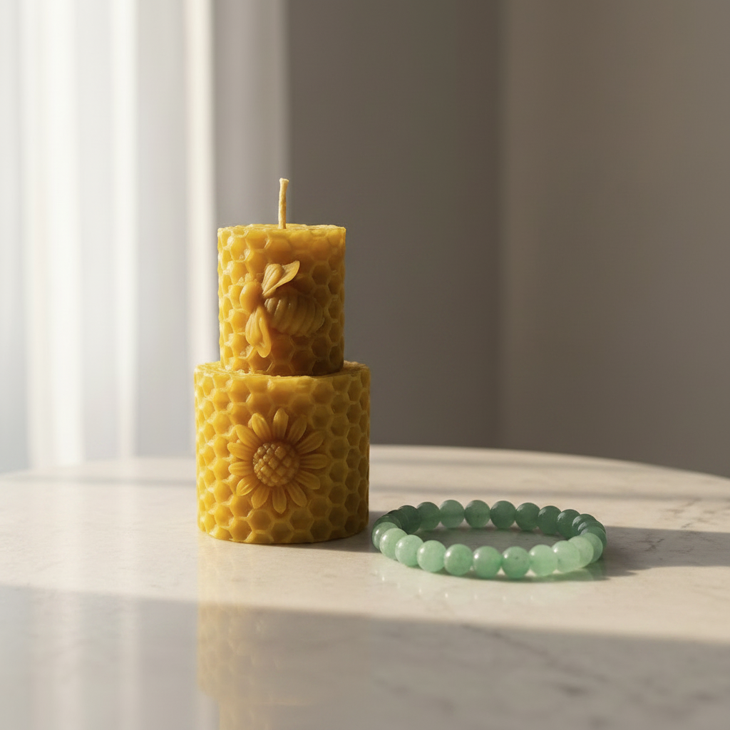 Pack Abundancia Natural con Vela de Miel y Pulsera de Aventurina Verde - Amuleto de Prosperidad para Regalo Místico