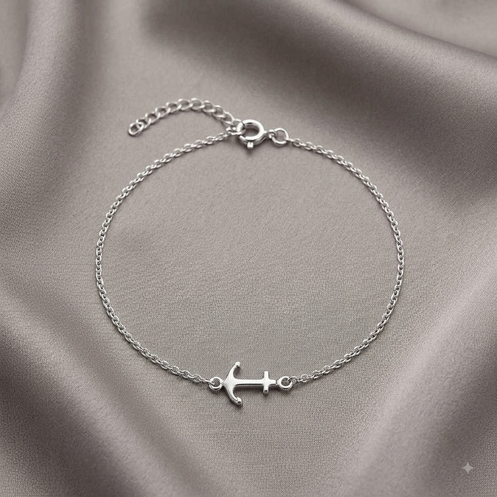 Tobillera de Plata de Ley 925 con Dije de Ancla - Cadena Fina (23 + 3 cm)