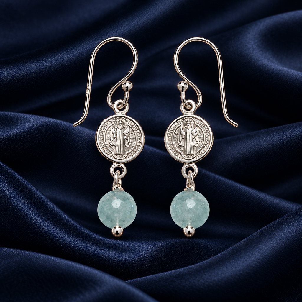 Pendientes de Plata de Ley 925, San Benito y Aguamarina, Joya de Protección y Serenidad