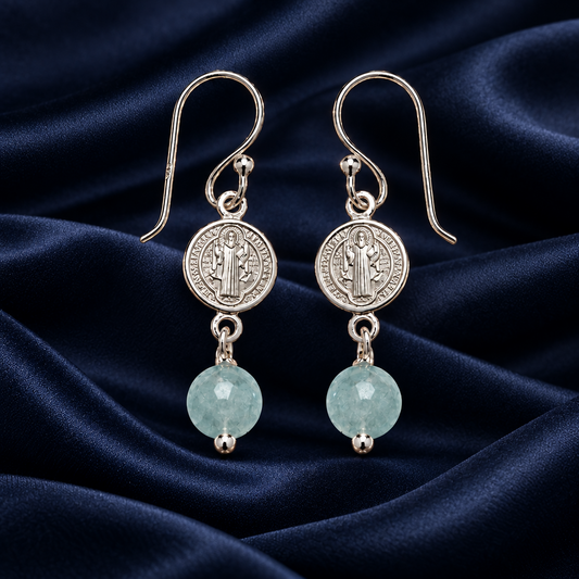 Pendientes de Plata de Ley 925, San Benito y Aguamarina, Joya de Protección y Serenidad