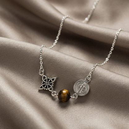 Collar San Benito, Nudo de Brujas y Ojo de Tigre de Plata de Ley 925