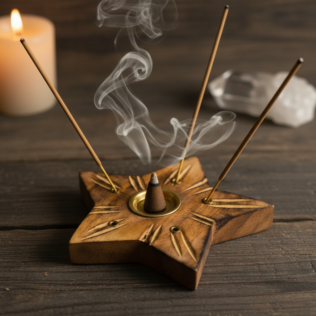 Soporte de Incienso y Conos Estrella Solar – Madera Tallada Artesanal (8 cm)