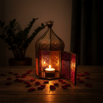 Farol Ritual Árabe de Hierro y Cristal – Linterna Ornamental para Velas (20 cm)