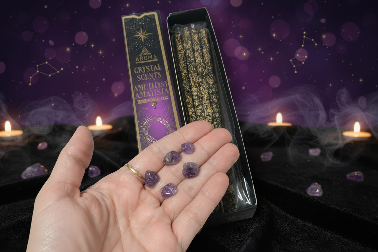 Incienso Artesanal Crystal Amatista - Aroma de Tranquilidad y Sabiduría (20g) - Con Piedras Naturales de Amatista